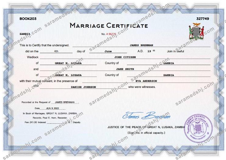 Zambia marriage certificate Word and PDF template